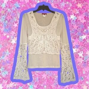 Vintage VIVIENNE TAM Y2K / 2000s sheer mesh & lace bell sleeve top. S M